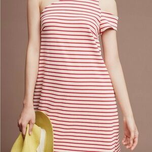 Maeve Anthropologie Red and White Striped One-Shoulder Dress
